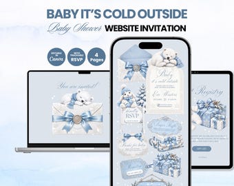 Invitation pour une baby shower sur le thème « Bébé, il fait froid dehors » avec suivi des réponses, thème hivernal bleu, modèle Canva modifiable.