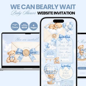 Bearly Wait Baby Shower Website Template, Interactive Canva Invitation, Blue Gingham Teddy Bear Digital Invite with RSVP, Hot Air Balloon