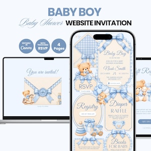 May include: A digital baby shower website invitation template for a baby boy featuring light blue bows, teddy bears, and baby toys. The design includes sections for RSVP, gift registry, diaper raffle, and books for baby, with text reading BABY BOY BABY SHOWER WEBSITE INVITATION.