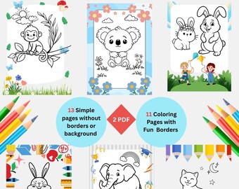 Animal Coloring Pages for Kids Printable, 11 Cute Animal Coloring Sheets, Easy Toddler Activity Ages 3-5, Instant Download PDF