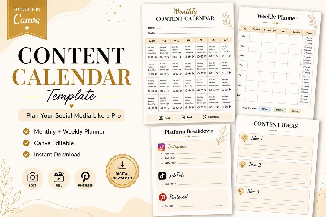 Content Calendar Template | Canva Editable Planner for Instagram ...
