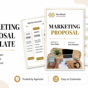 May include: A marketing proposal template with a gold and white design. The image includes the text "Marketing Proposal Template" and "12 Editable Pages Canva Template Instant Download". Additional pages show pricing packages and a strategy outline.