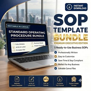 May include: A laptop displaying a Standard Operating Procedure bundle template. Text includes SOP TEMPLATE BUNDLE, PREMIUM EXECUTIVE EDITION, 5 Ready-to-Use Business SOPs, and features like Fully Editable, A4 & US Letter, and Printable PDF.
