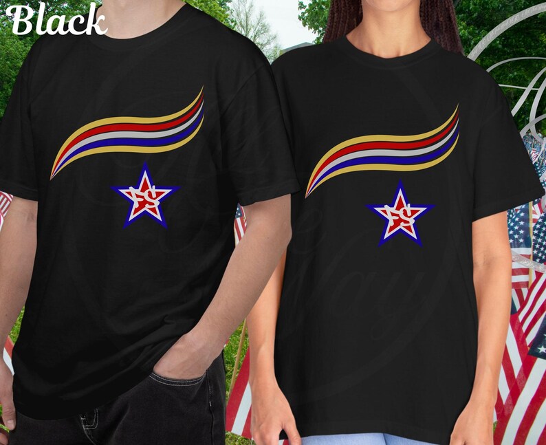 May include: Black t-shirts with a colorful design. The design includes a curved stripe in yellow, red, and blue above a star with a red outline and a blue center. The word "Black" is in the top left corner.