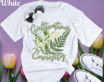 Cultivating Curiosity Teacher T-Shirt, Inspiring Cursive Text, Eucalyptus Botanical Design