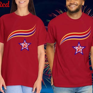 May include: Red t-shirts with a star and wave design. The star is outlined in white and blue, with the letters "SC" inside. A curved wave design in yellow, red, and blue is above the star. The word "Red" is in the top left corner.