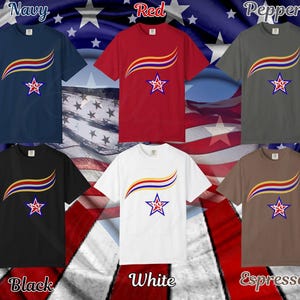 May include: A collection of short-sleeved t-shirts in various colors: navy, red, pepper, black, white, and espresso. Each shirt features a curved design with red, yellow, and blue stripes, and a star graphic. The shirts are displayed against a patriotic background.