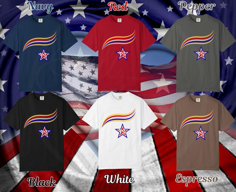 May include: A collection of short-sleeved t-shirts in various colors: navy, red, pepper, black, white, and espresso. Each shirt features a curved design with red, yellow, and blue stripes, and a star graphic. The shirts are displayed against a patriotic background.