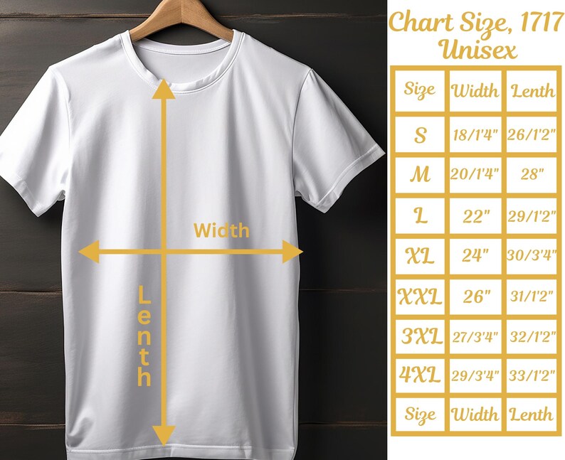 May include: A white unisex t-shirt hanging on a wooden hanger. The image includes a size chart with measurements in inches for sizes S through 4XL. The chart shows the width and length of the shirts.
