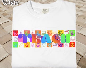 Teacher, Teach T-shirt | Colorful Checker Box with Lettering School Symbols, Rainbow Accent,  CC1717.