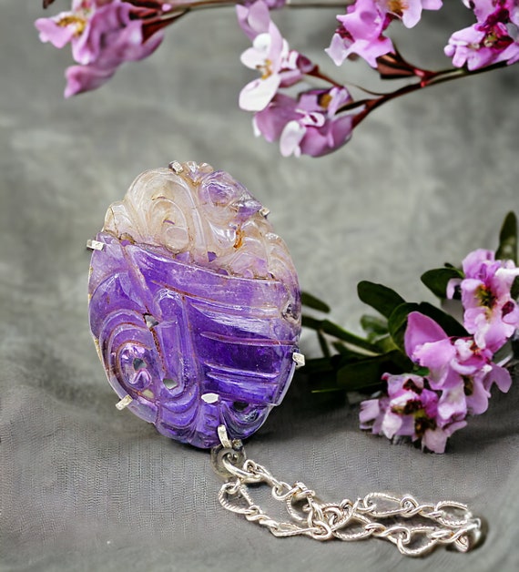 Amethyst Pendant, Carved Chinese Amethyst Pendant,