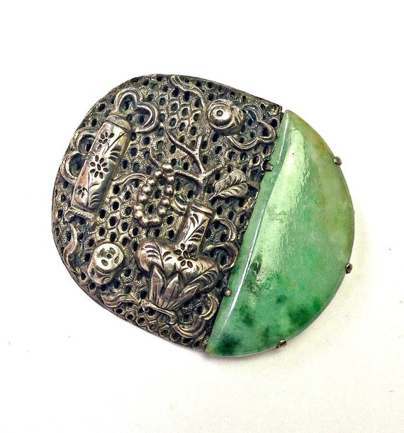 Art Deco Green Jade and Silver Repousee Chinese E… - image 10