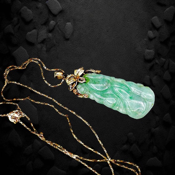 Carved Green Jade Pendant 14K Gold, Vintage Jade,… - image 2