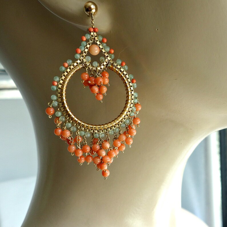 Statement Hoop Earrings Large Coral Chandelier Hoop Earrings Beach Party Earrings