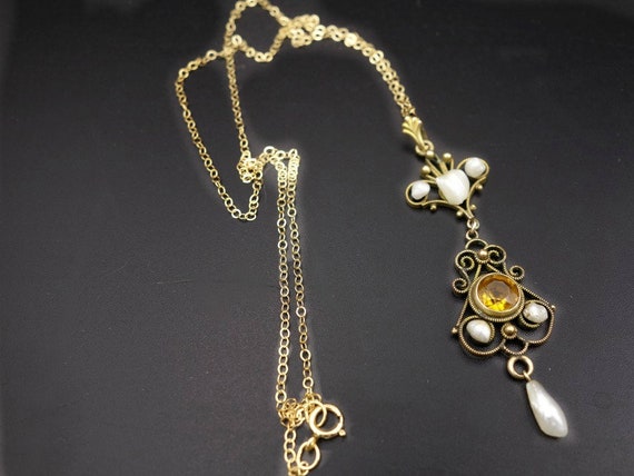 Edwardian Citrine Lavalier, Antique Seed Pearl Cit