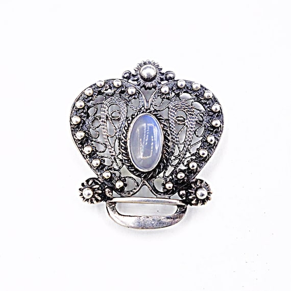Vintage Moonstone Sterling Silver Ornate Crown Br… - image 1