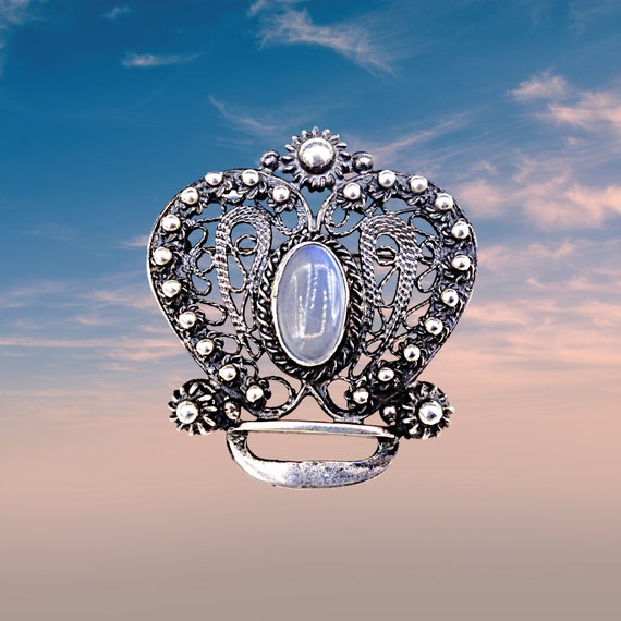 Vintage Moonstone Sterling Silver Ornate Crown Br… - image 6