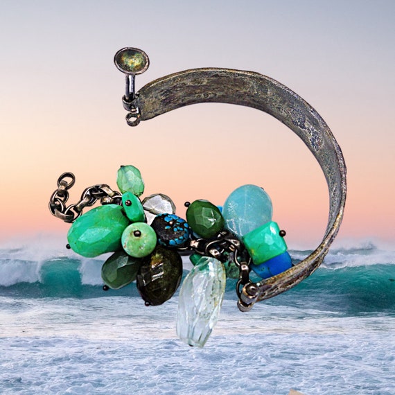 Oxidized Sterling Silver Multi Gemstone Bangle Br… - image 2