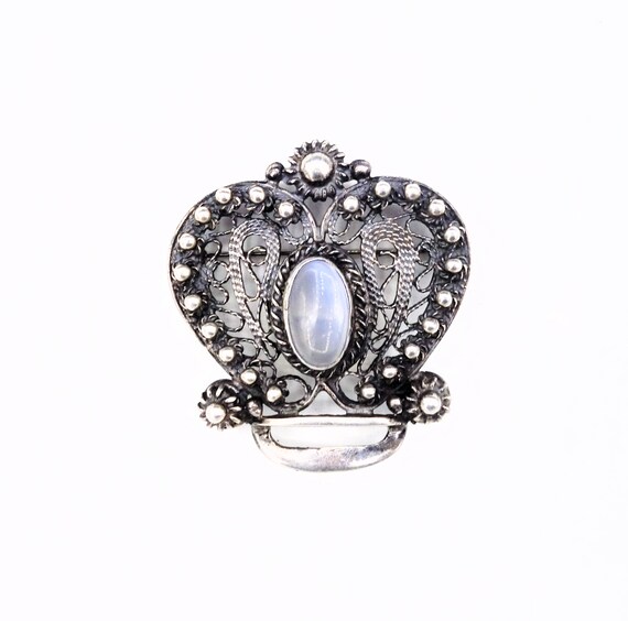 Vintage Moonstone Sterling Silver Ornate Crown Br… - image 4