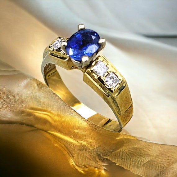 Antique Natural Sapphire and Diamond 14K Gold Rin… - image 1