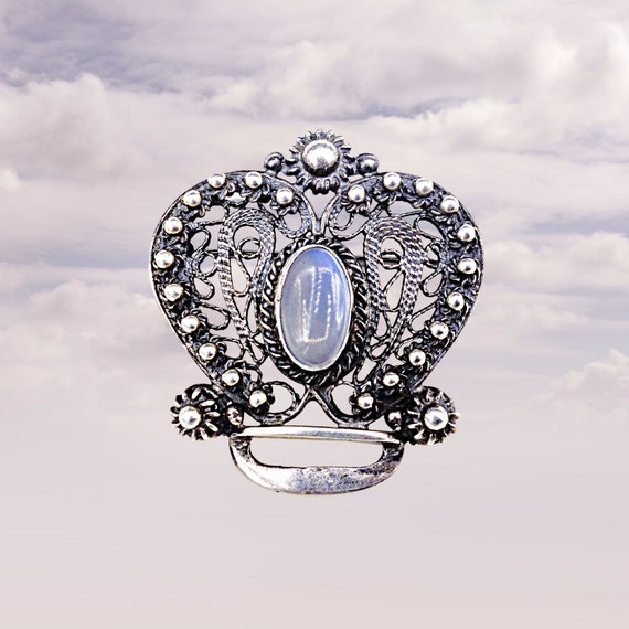 Vintage Moonstone Sterling Silver Ornate Crown Br… - image 2