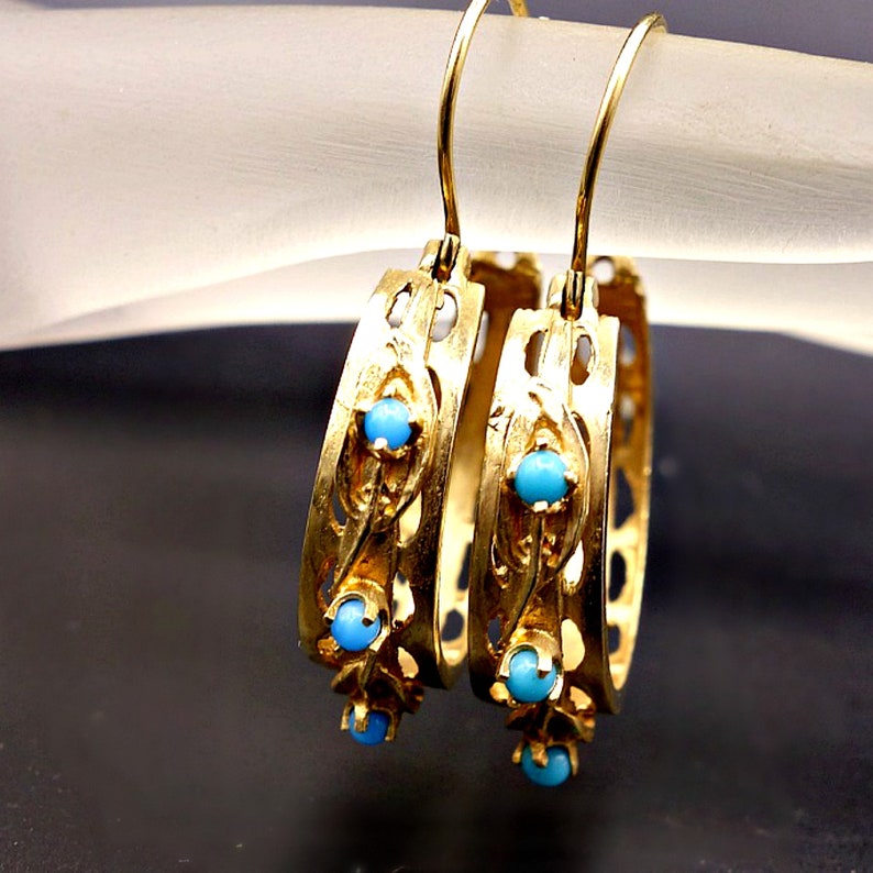 Vintage 14k Gold Turquoise Hoop Earrings Gold And Turquoise Etsy