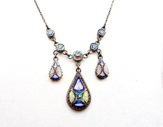 Victorian Micro Mosaic Drop Necklace, Antique Micr