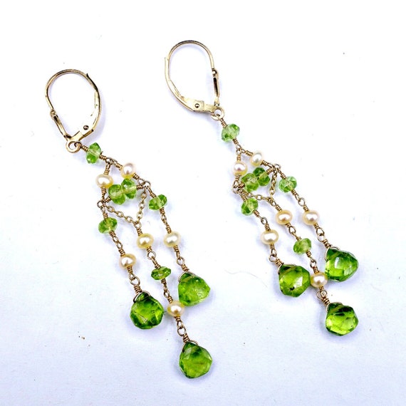 14k Gold, Peridot, Pearl Chandelier Earrings, Vint