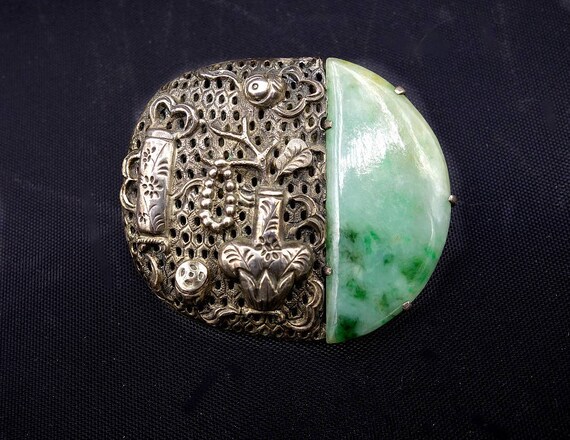 Art Deco Green Jade and Silver Repousee Chinese E… - image 1
