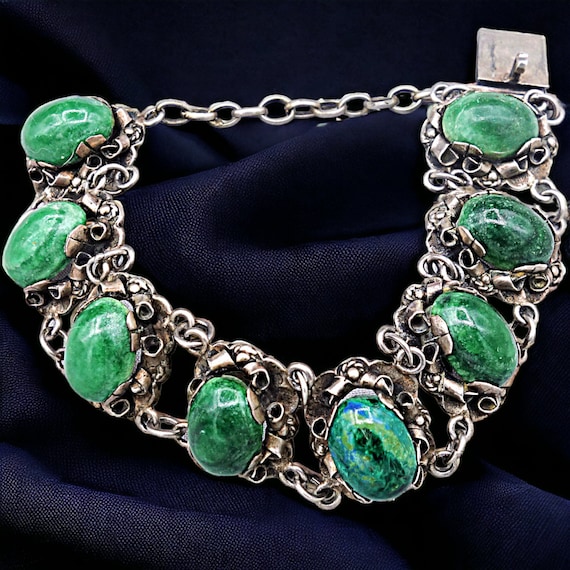 Taxco Mexican Green Agate Bracelet, Vintage Taxco 