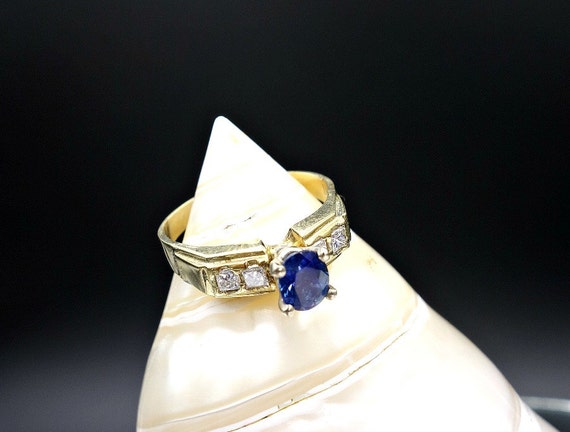 Antique Natural Sapphire and Diamond 14K Gold Rin… - image 8
