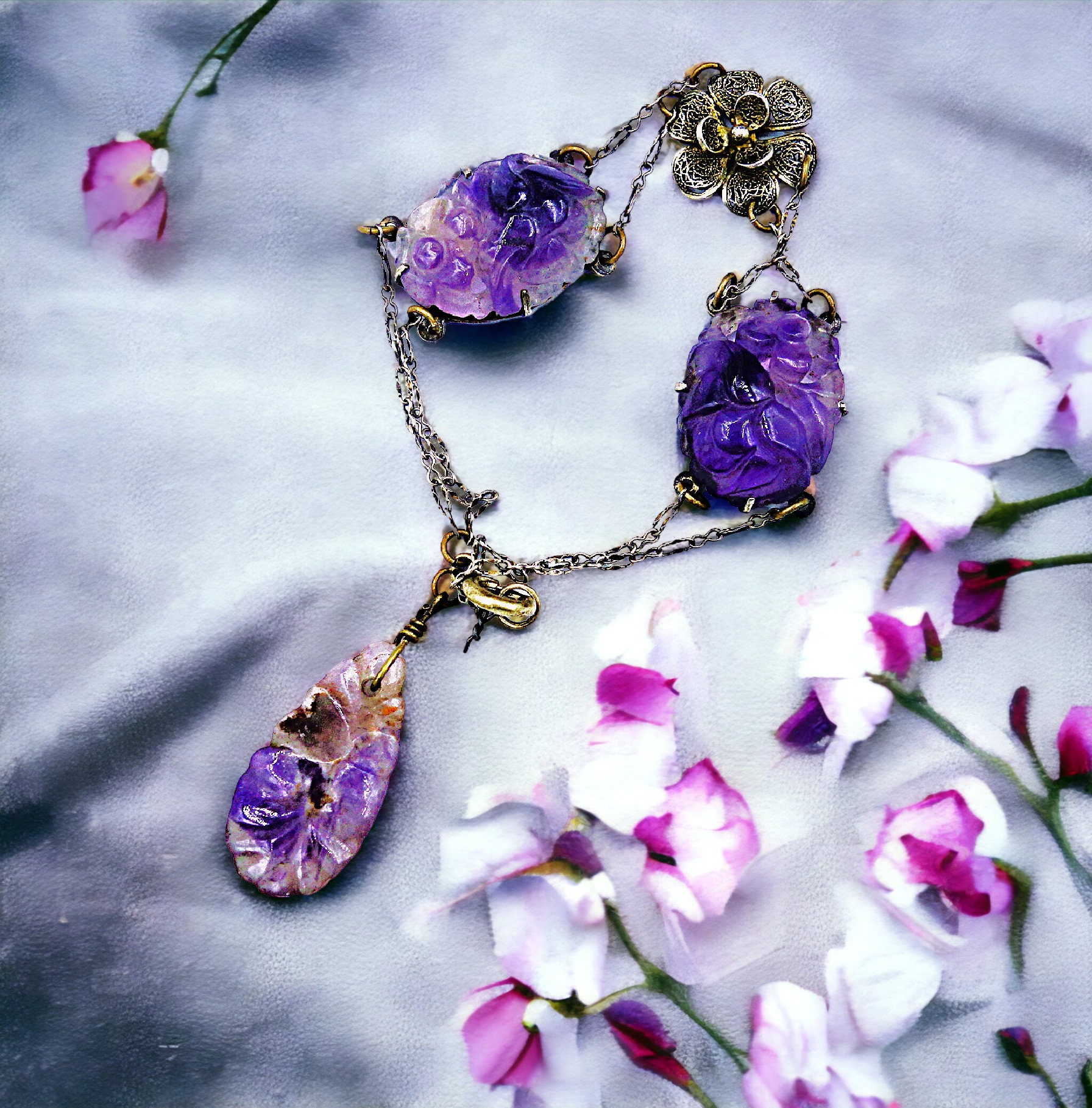 Carved Amethyst Bracelet Art Deco Silver Flower Bracelet. - Etsy