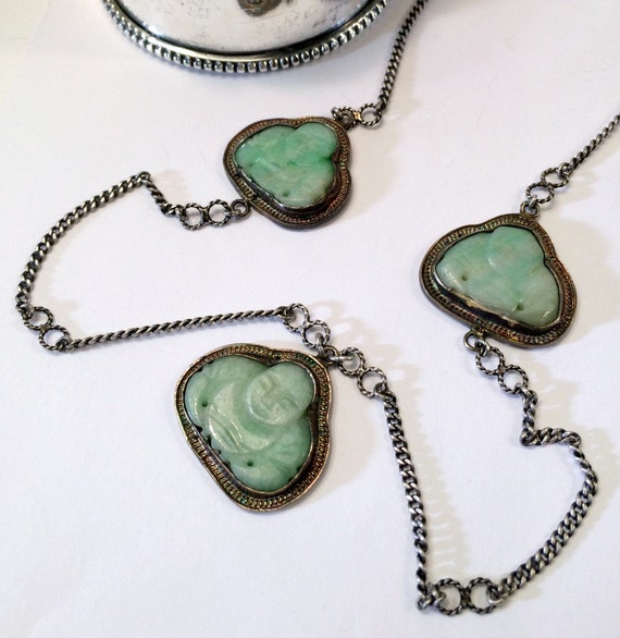 Carved Green Jade Buddha Sterling Silver Necklace