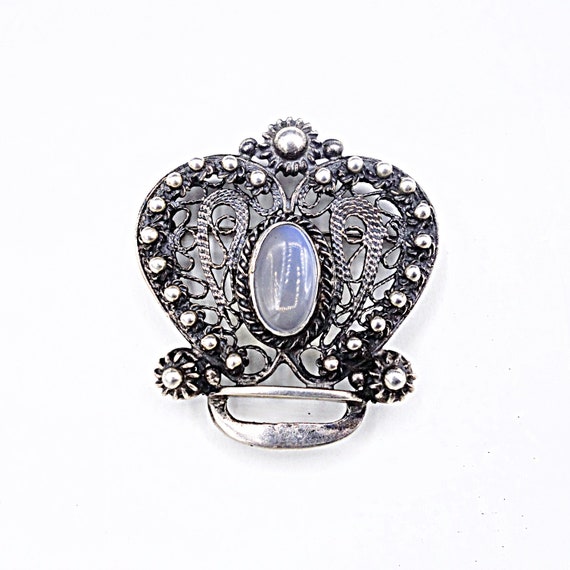Vintage Moonstone Sterling Silver Ornate Crown Br… - image 3