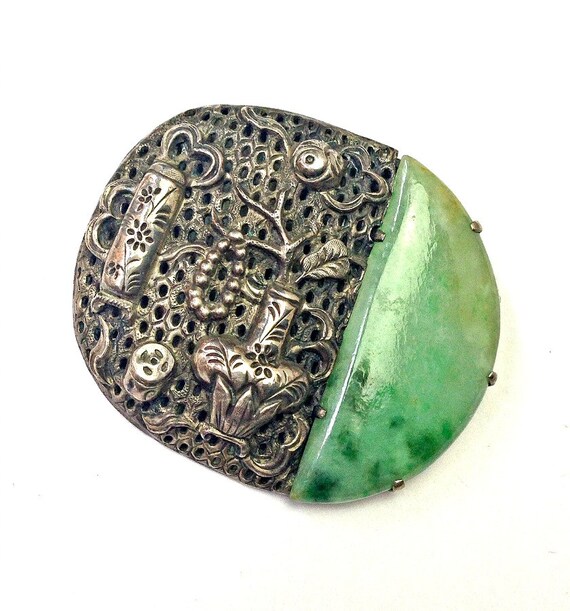 Art Deco Green Jade and Silver Repousee Chinese E… - image 7