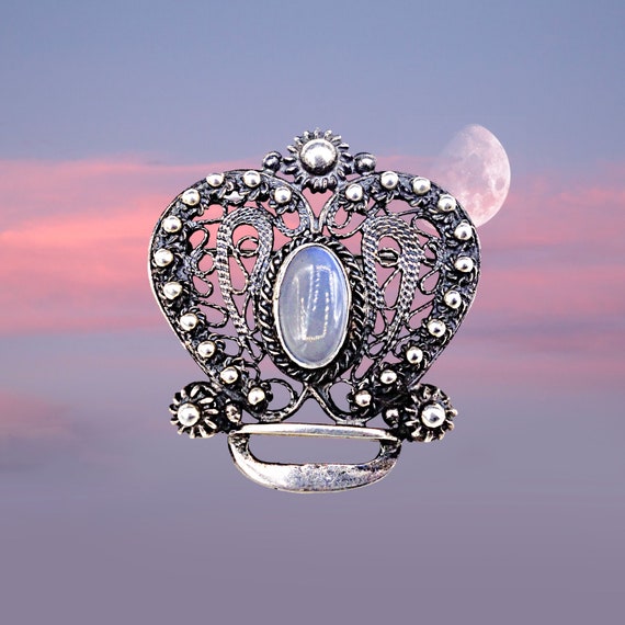 Vintage Moonstone Sterling Silver Ornate Crown Br… - image 5