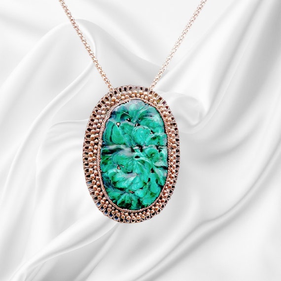 Art Deco Carved Malachite Pendant, Antique Chinese