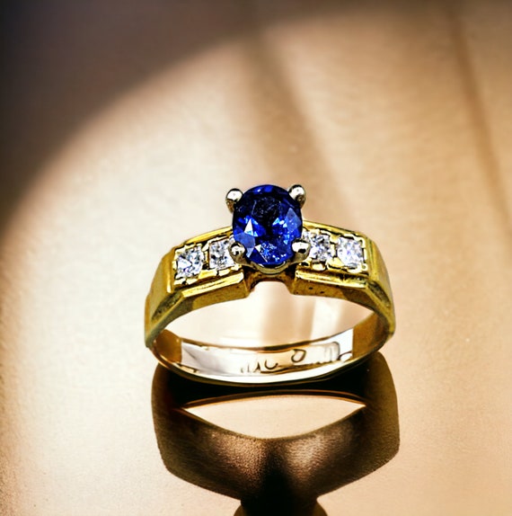 Antique Natural Sapphire and Diamond 14K Gold Rin… - image 3