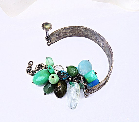 Oxidized Sterling Silver Multi Gemstone Bangle Br… - image 1