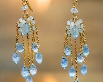 Aquamarine 14k Gold Dangle Earrings, Handmade 14k Gold Chandelier Earrings, Topcatvintage  Gift for Her