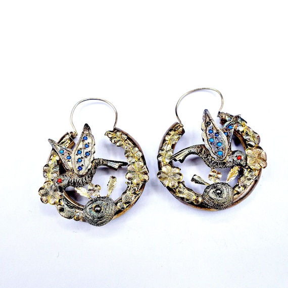 Art Nouveau Gold Earrings, 14k Silver Bird Earring