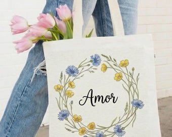 Custom Mama Tote Bag, Hand Drawn Line Art Floral, Personalized Canvas Gift