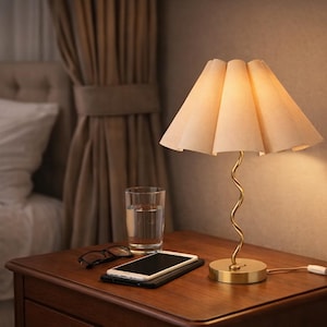 May include: A bedside table with a cream lampshade, a gold lamp base, and a smartphone. A glass of water and spectacles are also on the table. The lamp is lit, casting a warm glow.