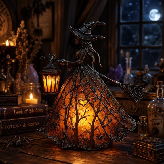 Witch Halloween Table Lamp | Spooky Season Lamp | Gothic Home Decor Lamp | Witch Holding Lantern | Halloween Decoration