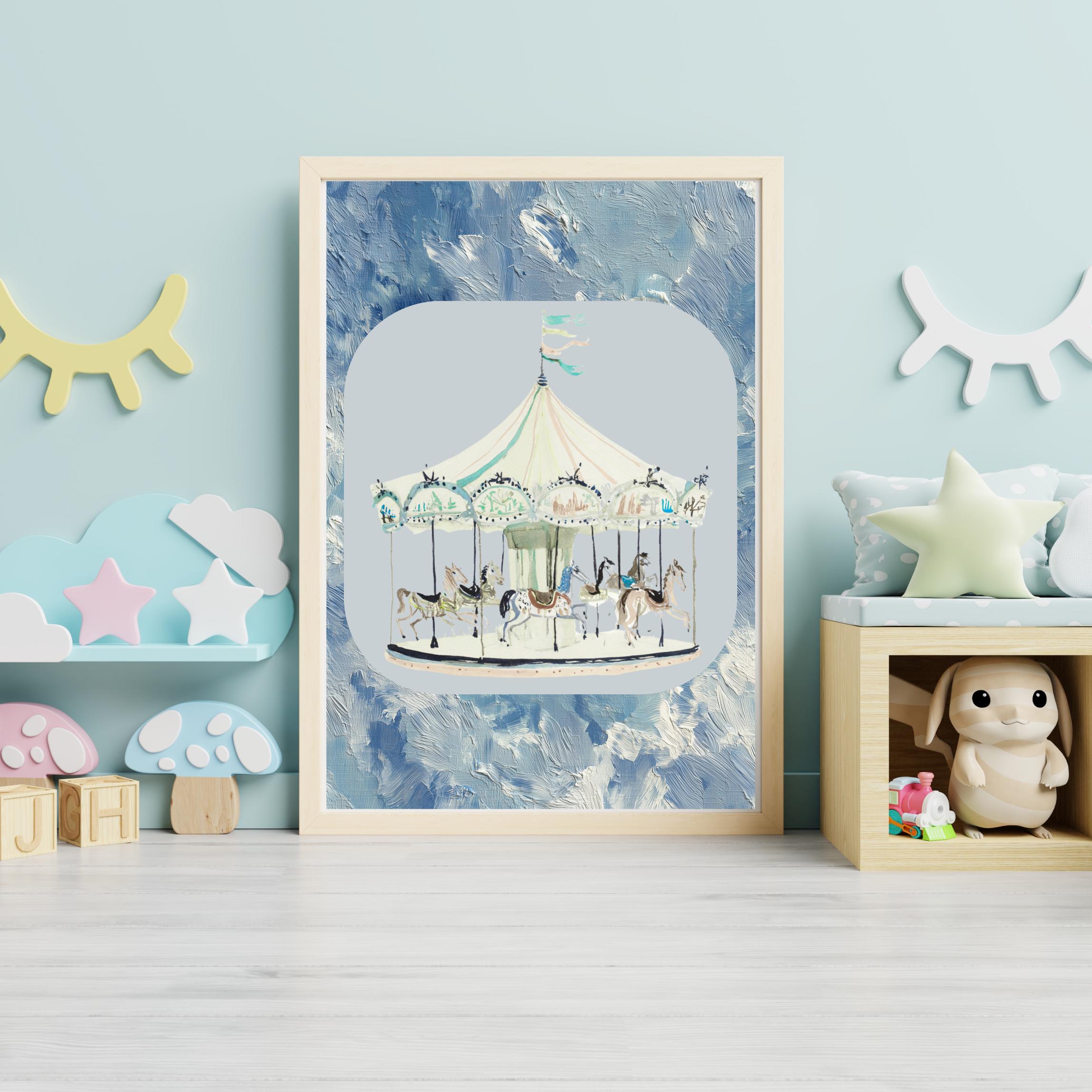 Watercolor Carousel Nursery Art Print, Pastel Blue Boy Room Decor ...