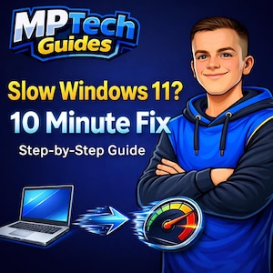 May include: Digital illustration with a young man in a blue hoodie and the text "MPTech Guides." The image includes the text "Slow Windows 11? 10 Minute Fix Step-by-Step Guide" and a laptop with a speed gauge.