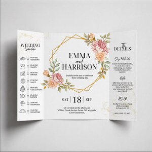 May include: A tri-fold wedding invitation card featuring a gold geometric frame adorned with watercolor flowers in shades of pink and orange. The text includes the names Emma and Harrison, the date September 18th, a wedding schedule, and event details.