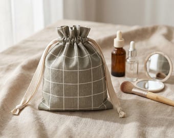 Linen Drawstring Pouch, Minimalist Grid Fabric Bag, 4 Sizes Travel Organizer