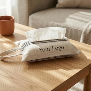 Könnte beinhalten: Ein rechteckiger Taschentuchspender aus beigem Stoff mit schwarzen Streifen und einem Griff. Der Text "Your Logo" ist auf der Vorderseite aufgedruckt. Auf dem Holztisch steht ein terrakottafarbener Becher.
