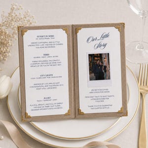 Menu de mariage personnalisé en velours, conception de cartes de menu de mariage personnalisées, menu du dîner de réception, étui pour menu reportage photo, décoration de table